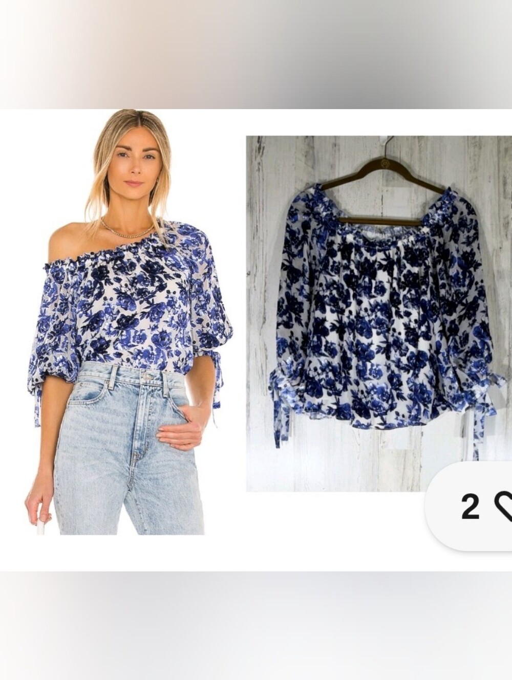 Alice + Olivia Blue and White Floral One-Shoulder Blouse